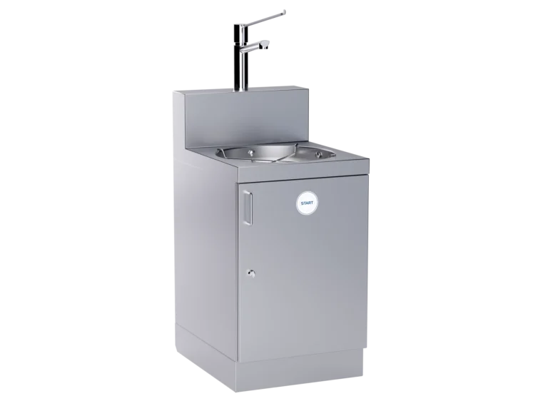 Freestanding DISCHER sluice sink with rim flush and single-lever mixer