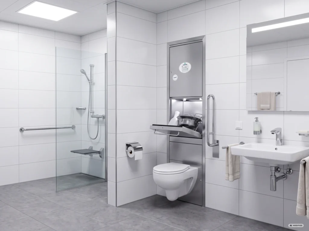 DISCHER Boy bedpan washer with toilet in an accessible bathroom