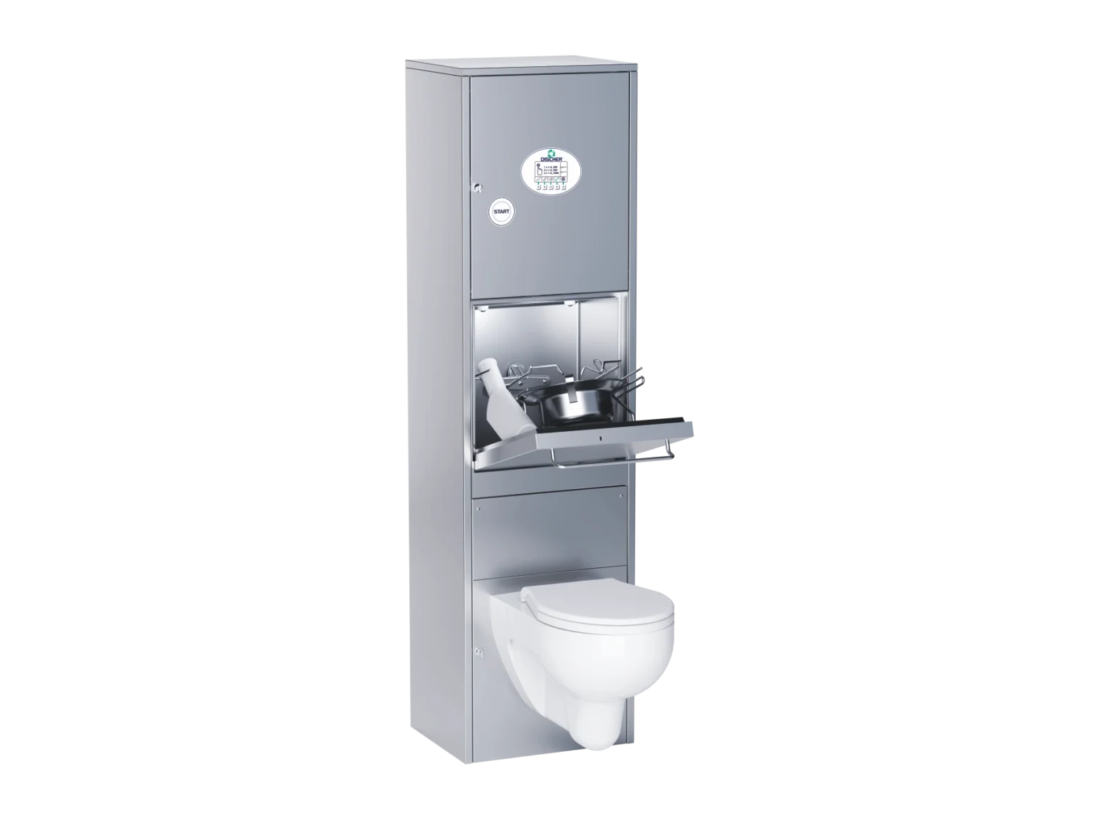 DISCHER Boy plus fecal sink with open door and wash items, toilet underneath