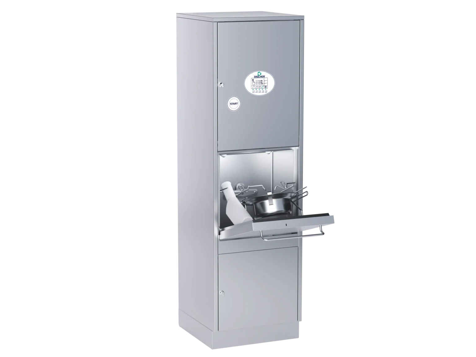 DISCHER Boy fecal sink as a freestanding unit with open door