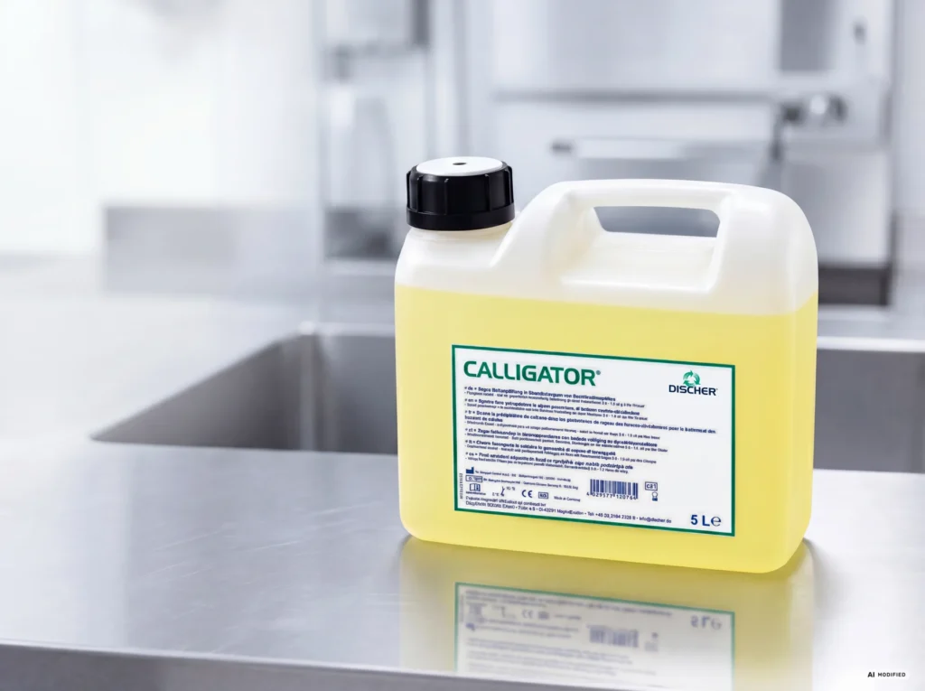 Calligator cleaning agent canister, 5 liters, on a stainless steel shelf
