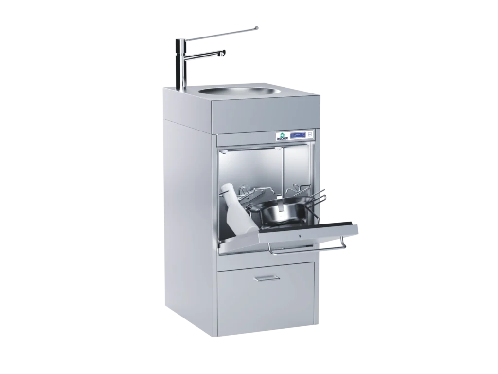 Compact bedpan washer with integrated hand basin and open loading door, side view