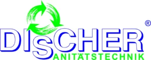 DISCHER Logo from 1993 with green recycling arrow symbol and the addition "Sanitätstechnik" (Medical Technology)