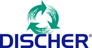 DISCHER Logo from 2020 with turquoise-green recycling arrow symbol and dark blue lettering