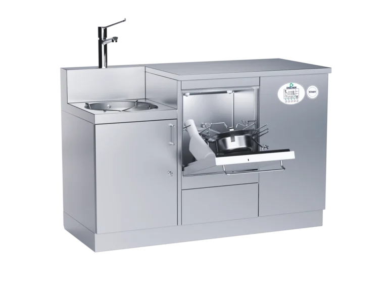 Master bedpan washer in the 1350 mm version with sink and open wash chamber door, side perspective