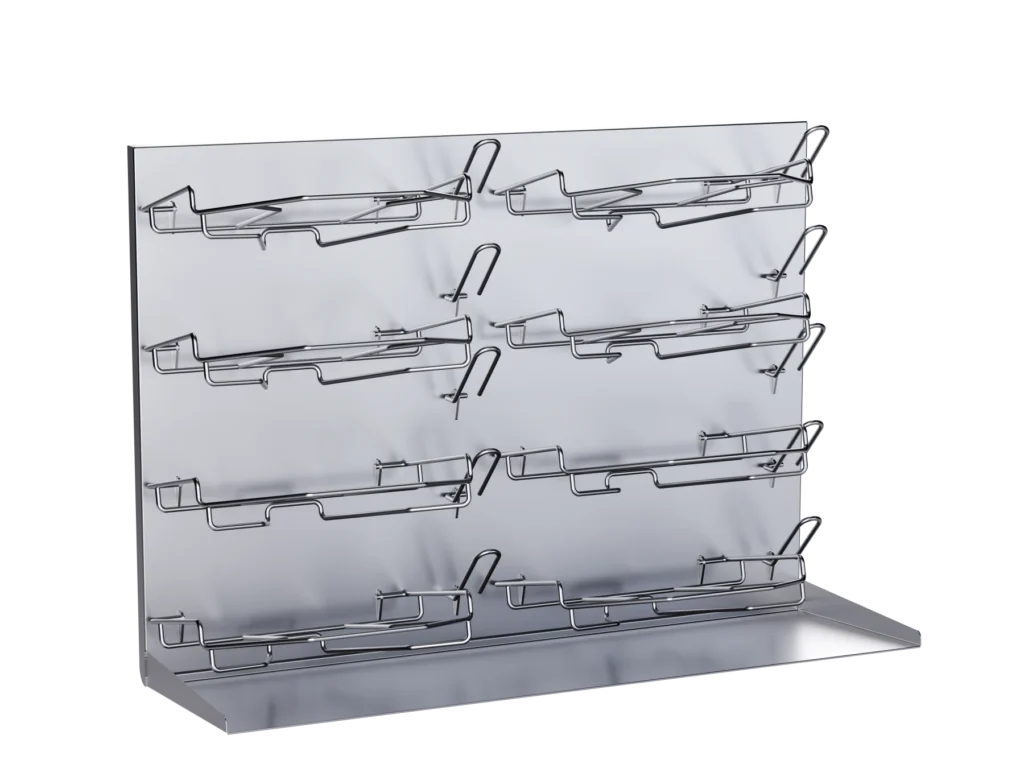 PanRack in 900 mm width with eight empty holders for bedpans, unloaded