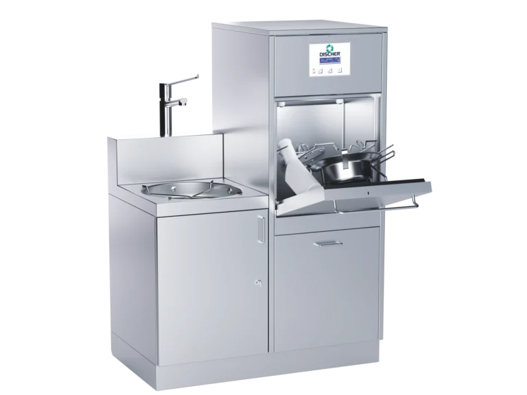 Piccolo bedpan washer in the 950 mm version with integrated hand basin and open loading door, side view