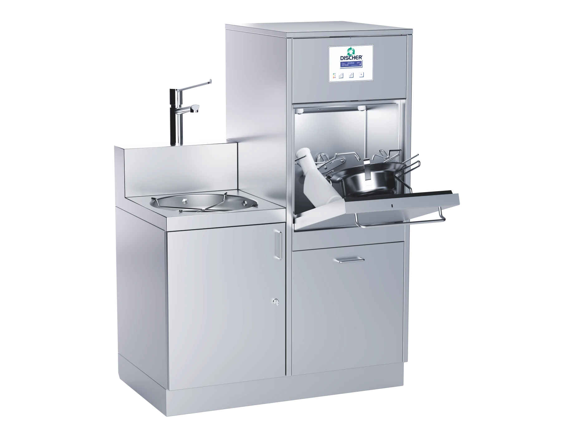 Piccolo bedpan washer in the 950 mm version with integrated hand wash basin and open loading door, side perspective