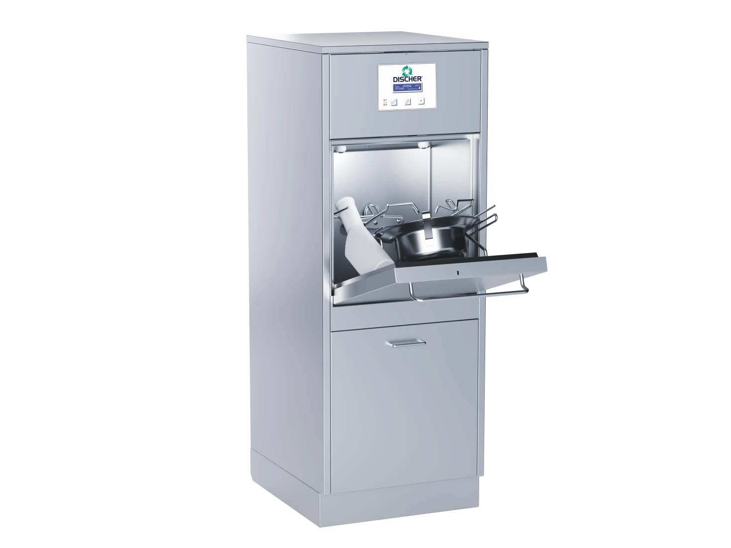 DISCHER Piccolo bedpan washer with open door and items to be washed