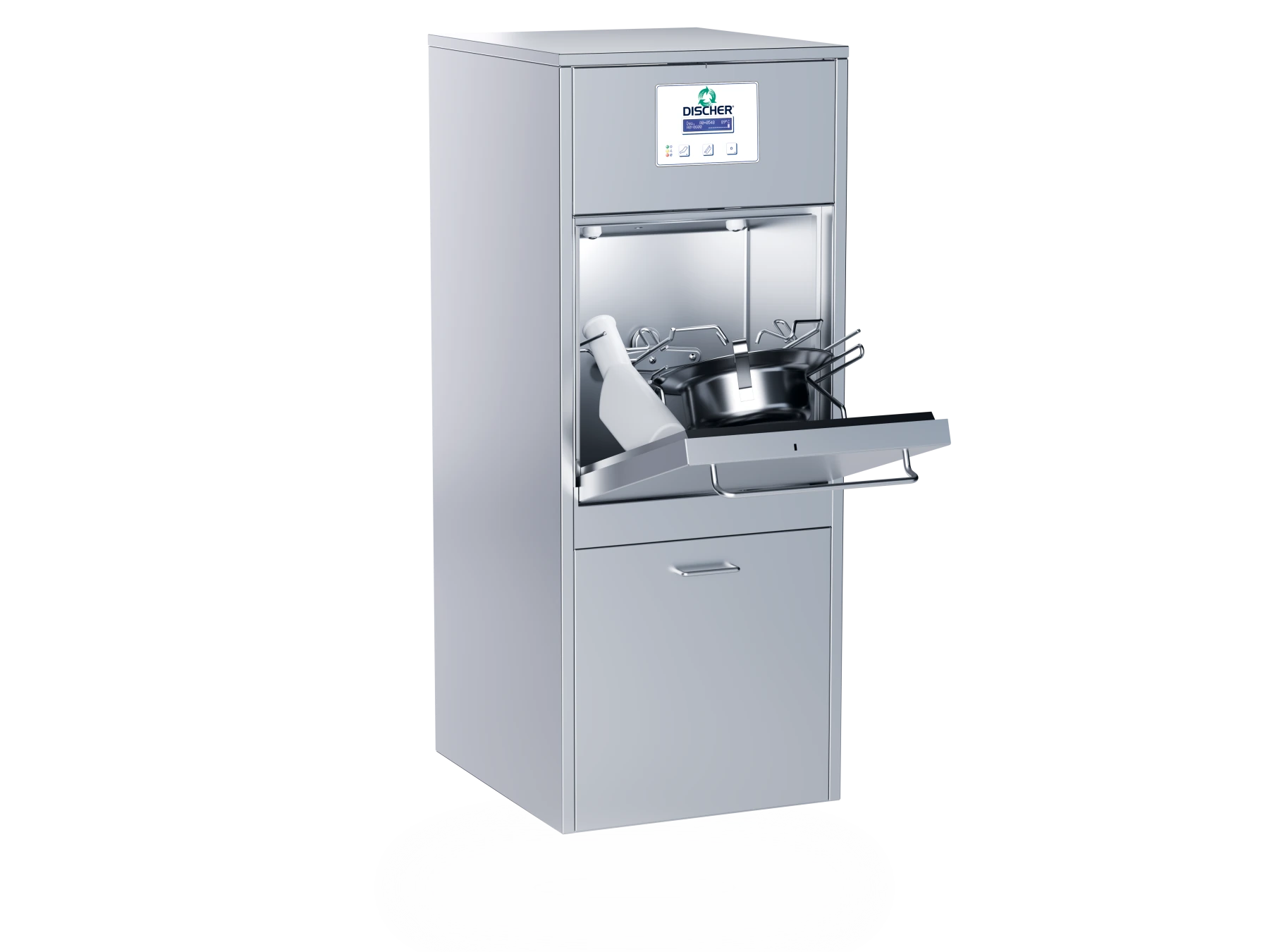 Wall-mounted Piccolo bedpan washer with open loading door, side perspective