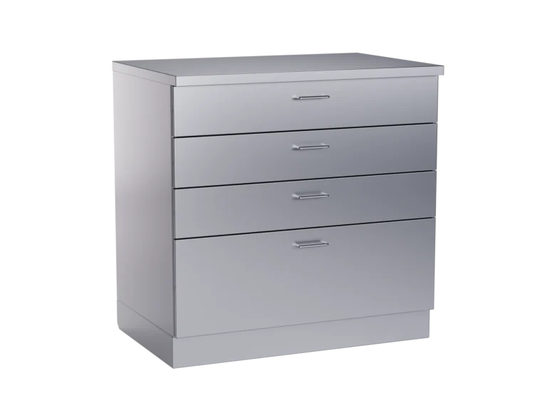 Stainless steel base cabinet with four drawers and handle strips