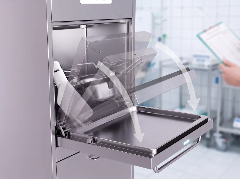 Automatic door opening of a DISCHER bedpan washer with movement arrows