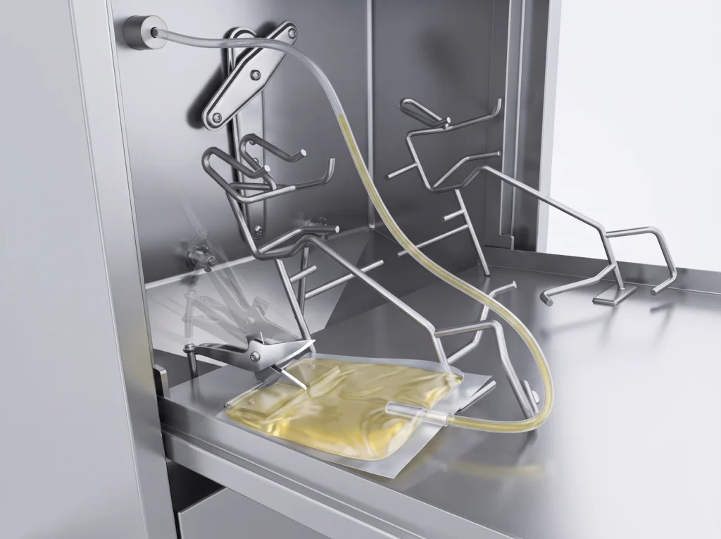 Bag shredder cuts urine bags inside a DISCHER bedpan washer