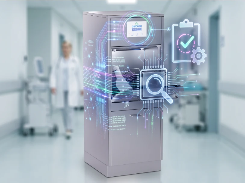 DISCHER bedpan washer with digital diagnostic overlays in a hospital hallway