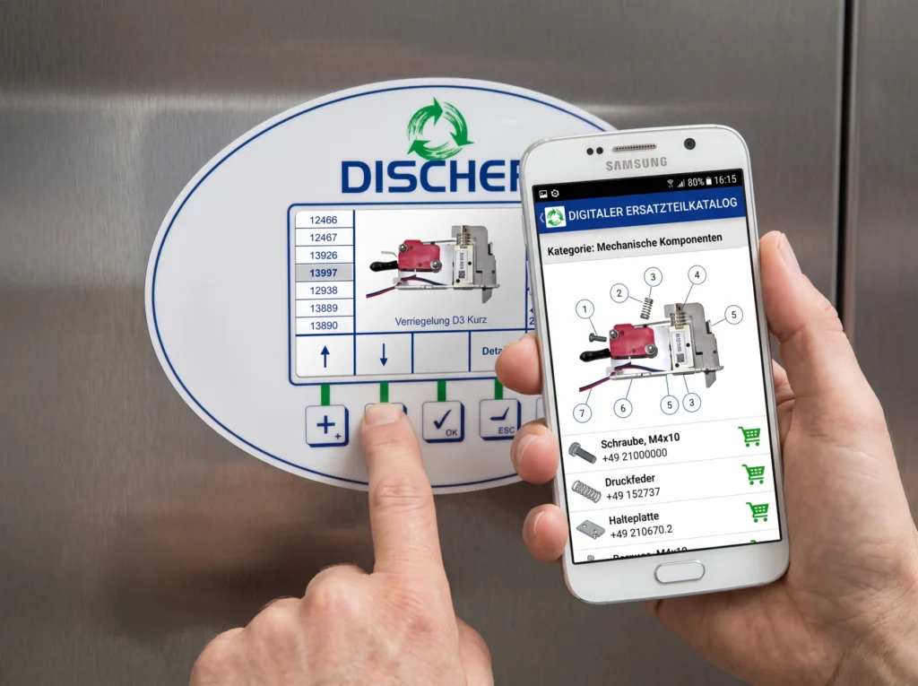 Smartphone with digital DISCHER spare parts catalog in front of control panel