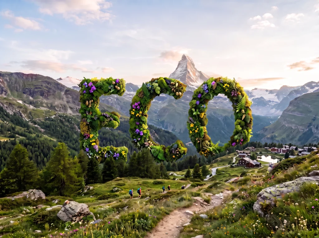ECO lettering made of plants in front of a mountain backdrop as a symbol for the ECO Button