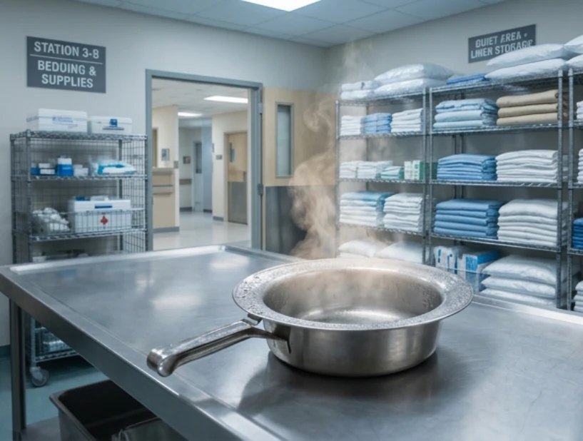 Steaming stainless steel bowl as a symbol for the adjustable dispensing temperature