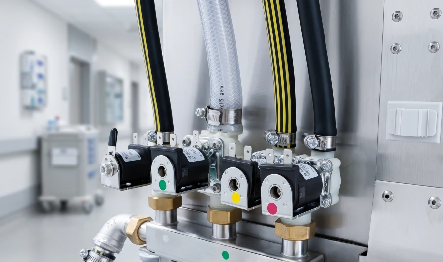 Valves and hoses with color markings of the energy-saving flushing system