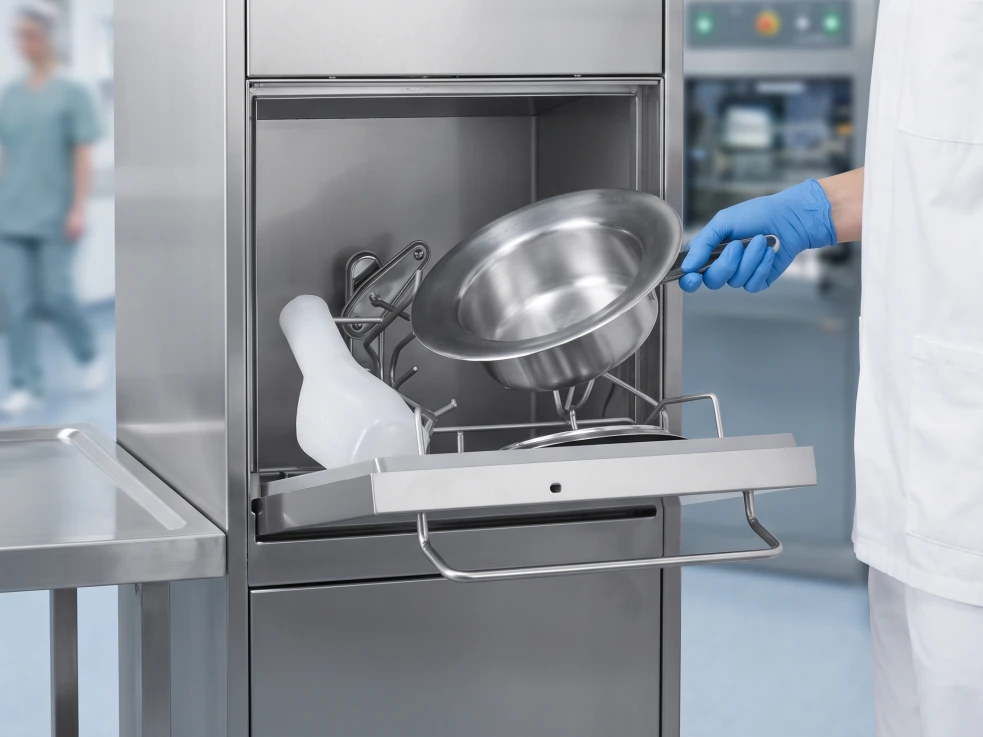 Caregiver removes bowl with gloves from open DISCHER bedpan washer