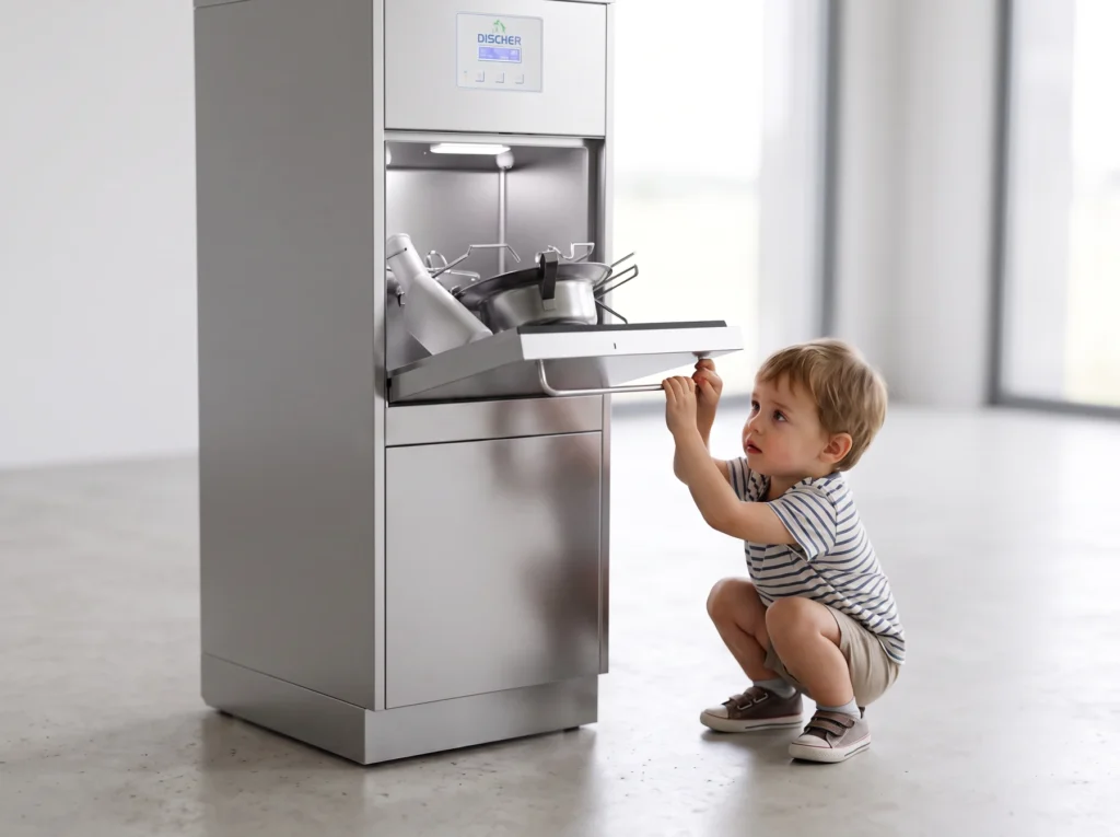 Child kneeling in front of an open DISCHER bedpan washer with activated child safety lock