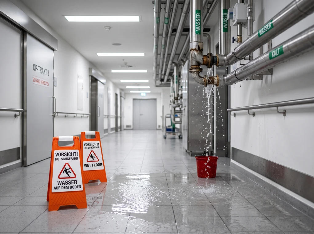Slip hazard warning signs due to dripping pipe in clinic hallway