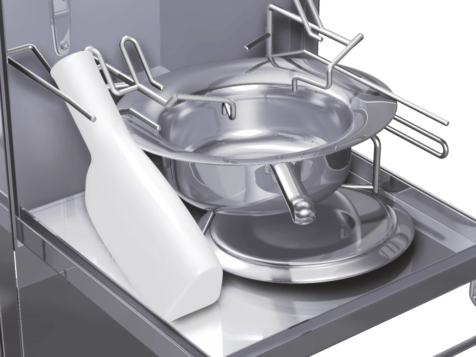 Universal holder of a DISCHER bedpan washer loaded with a urine bottle and bowl.