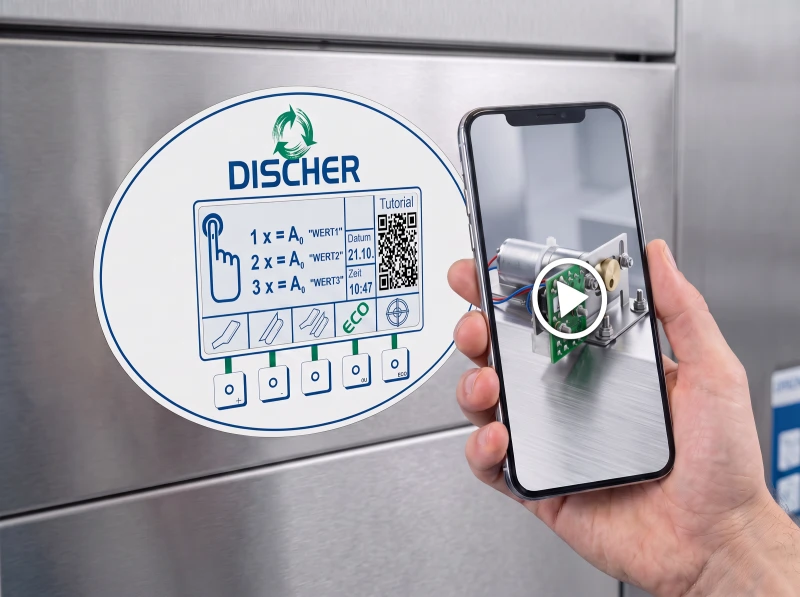 Smartphone scans QR code for a DISCHER video tutorial on the control panel